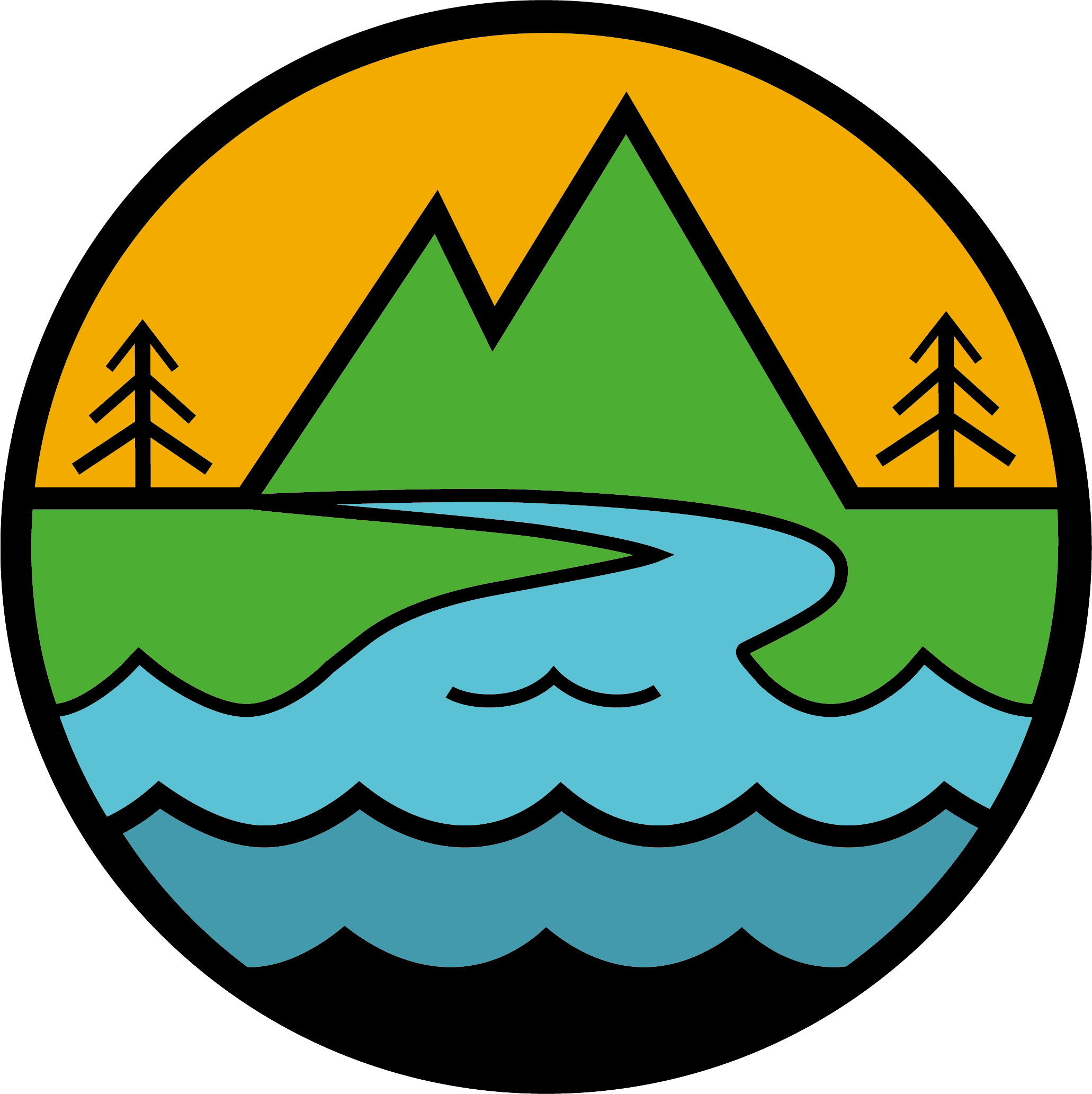 Ethical Activities Logo, orange sky with pine trees, green mountain, blue river and dark blue sea